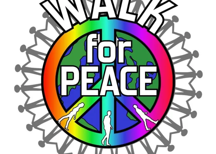 Rainbow coloured peace sign, people holding hands around the outside of it, event title